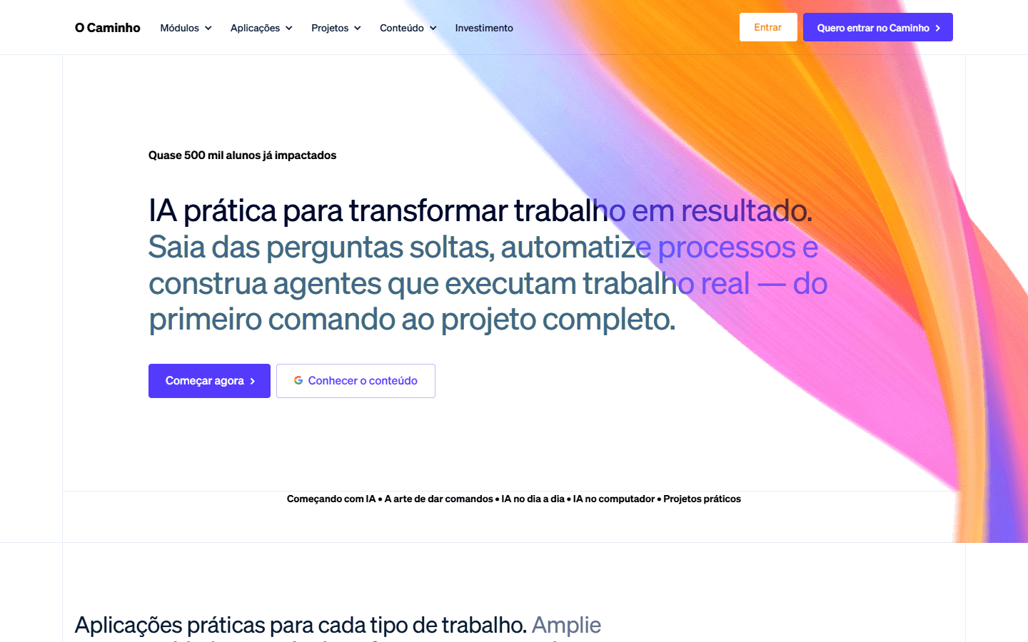Landing page clonada com navegação, chamada principal e faixa abstrata colorida